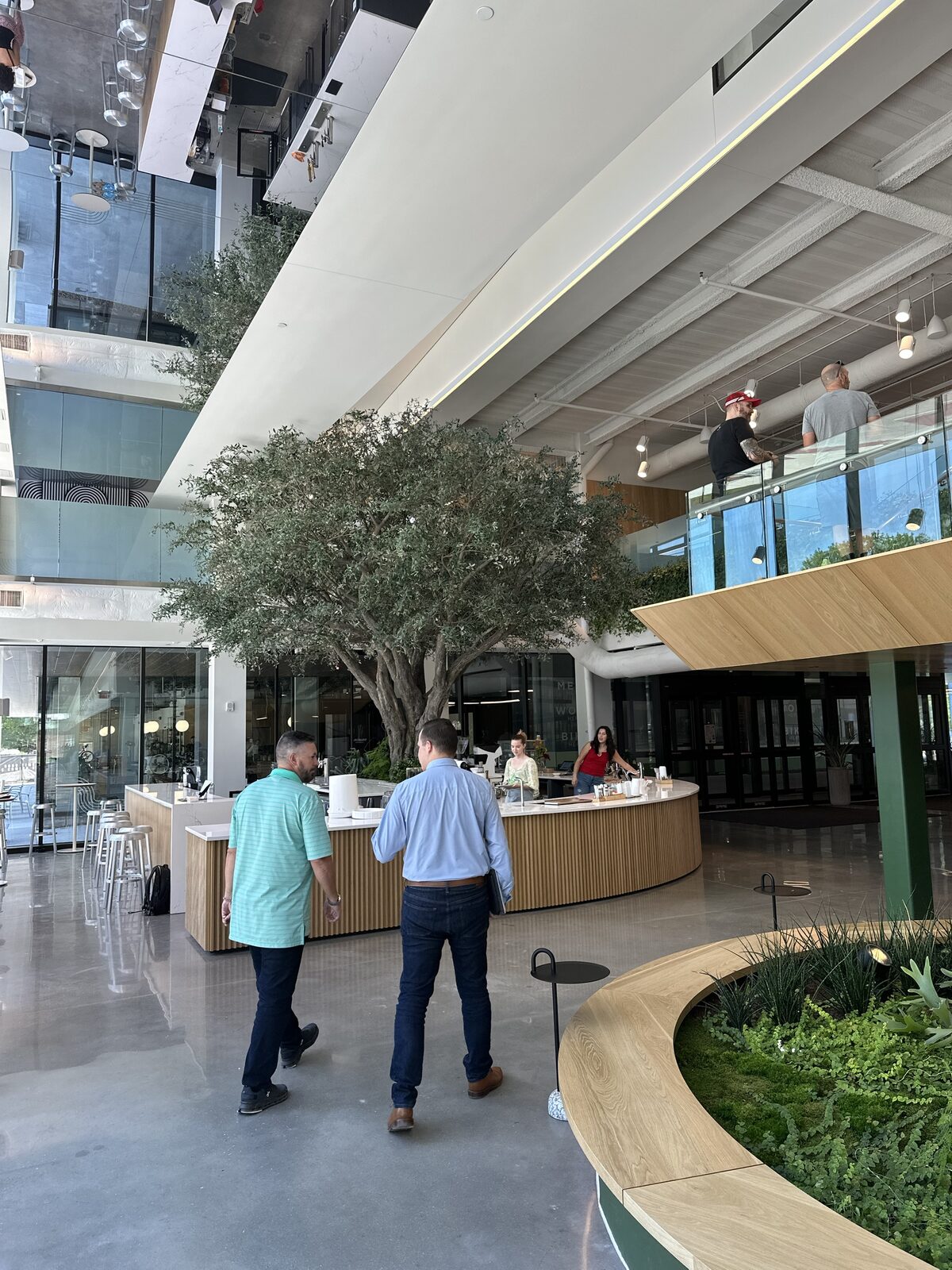 A two-story atrium with a mature tree and concierge bar at a Convivium Living community