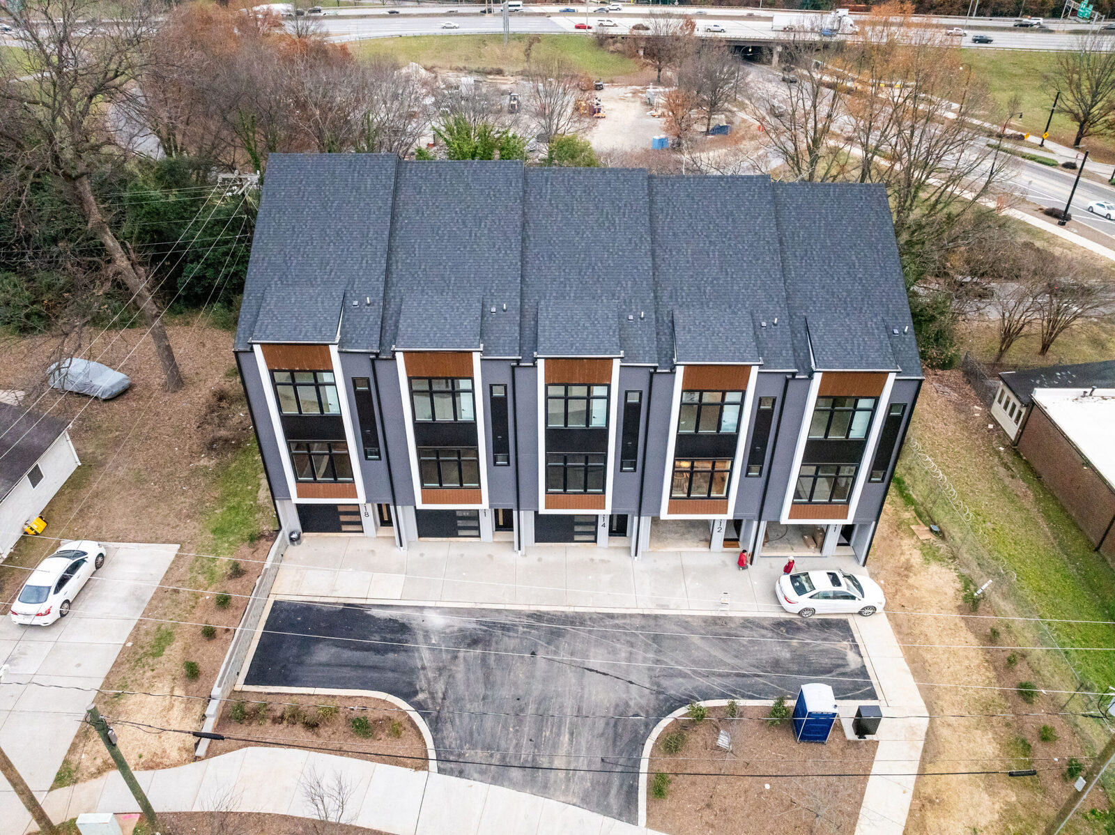 Aerial view of a completed DanReDev townhome building