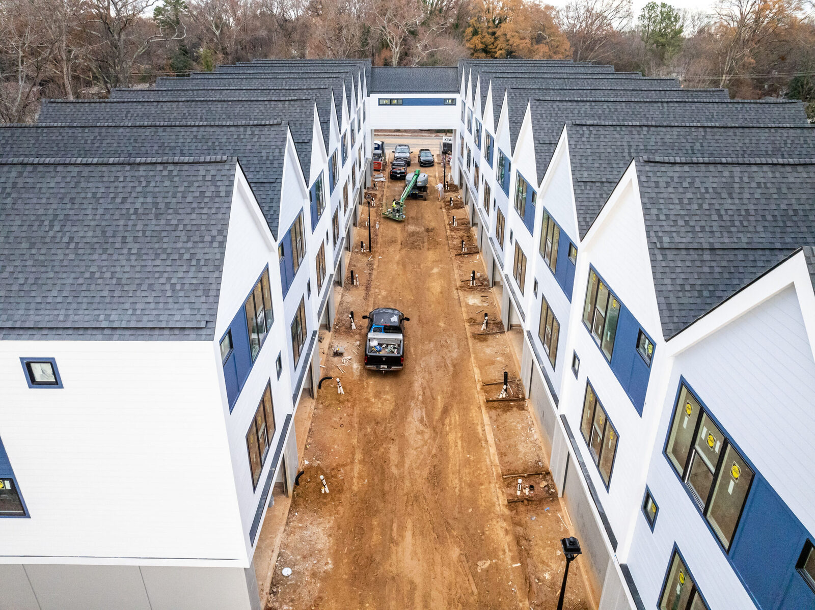 Aerial view of a DanReDev townhome community under construction
