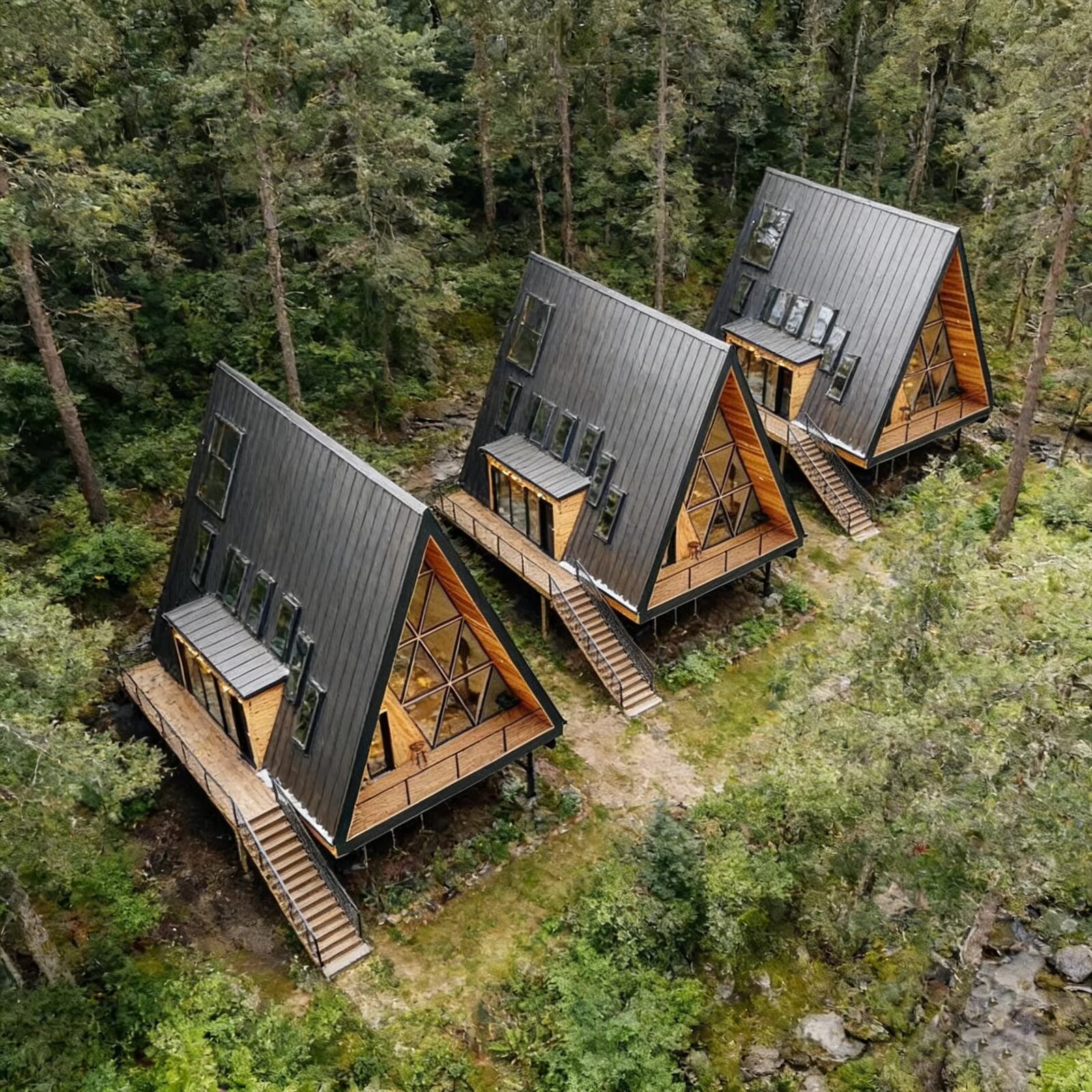 An aerial view of a DEK Builds A-frame cabin resort in the forest