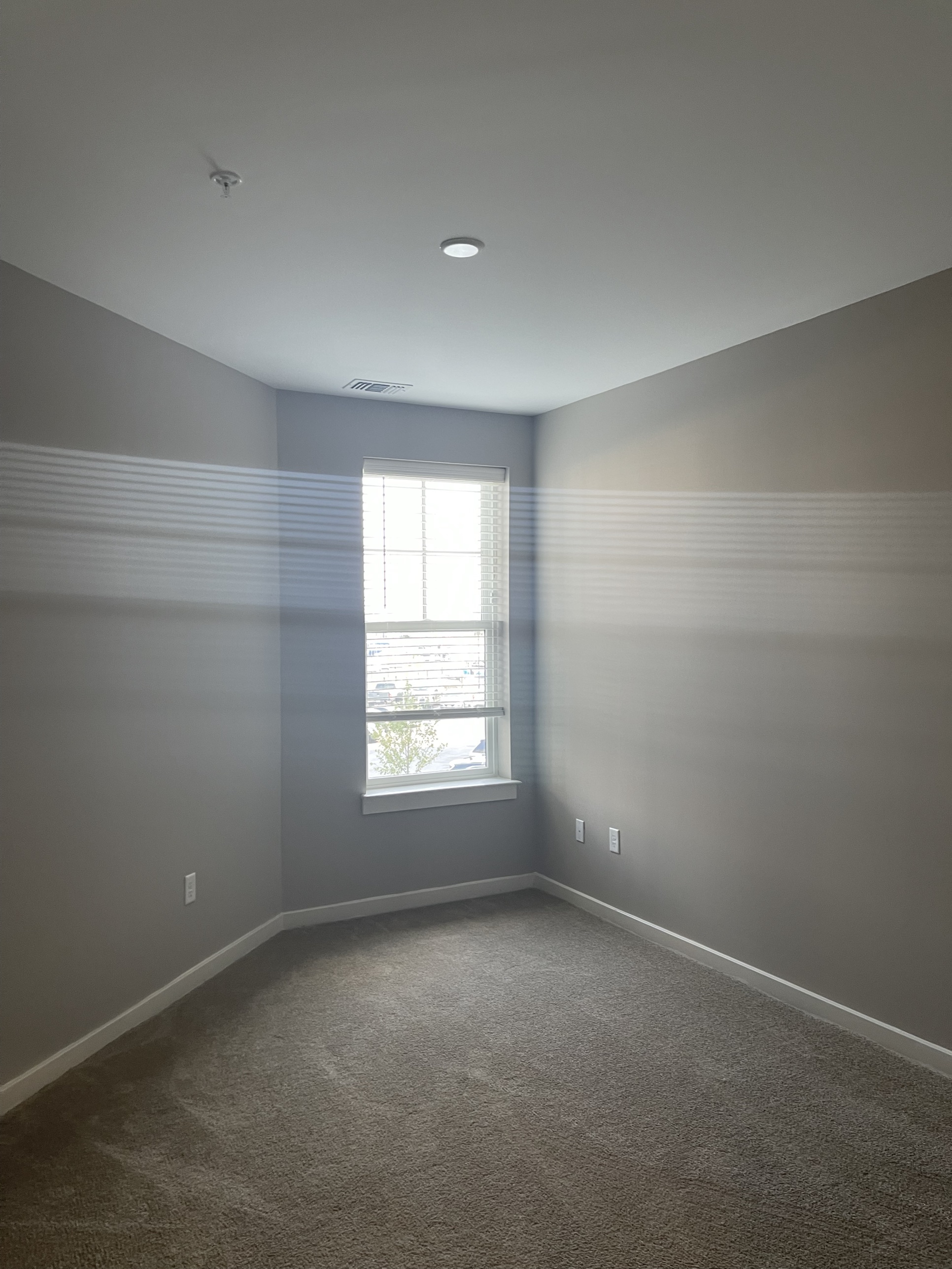 A completed Greenview Residences bedroom with gray walls, carpet, and a large window