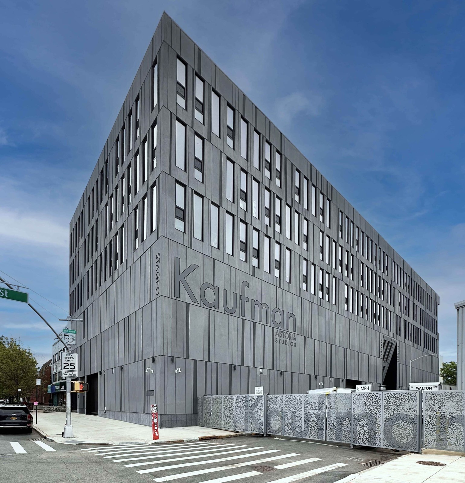 Exterior of the ONstage soundstage expansion at Kaufman Astoria Studios in Queens, New York