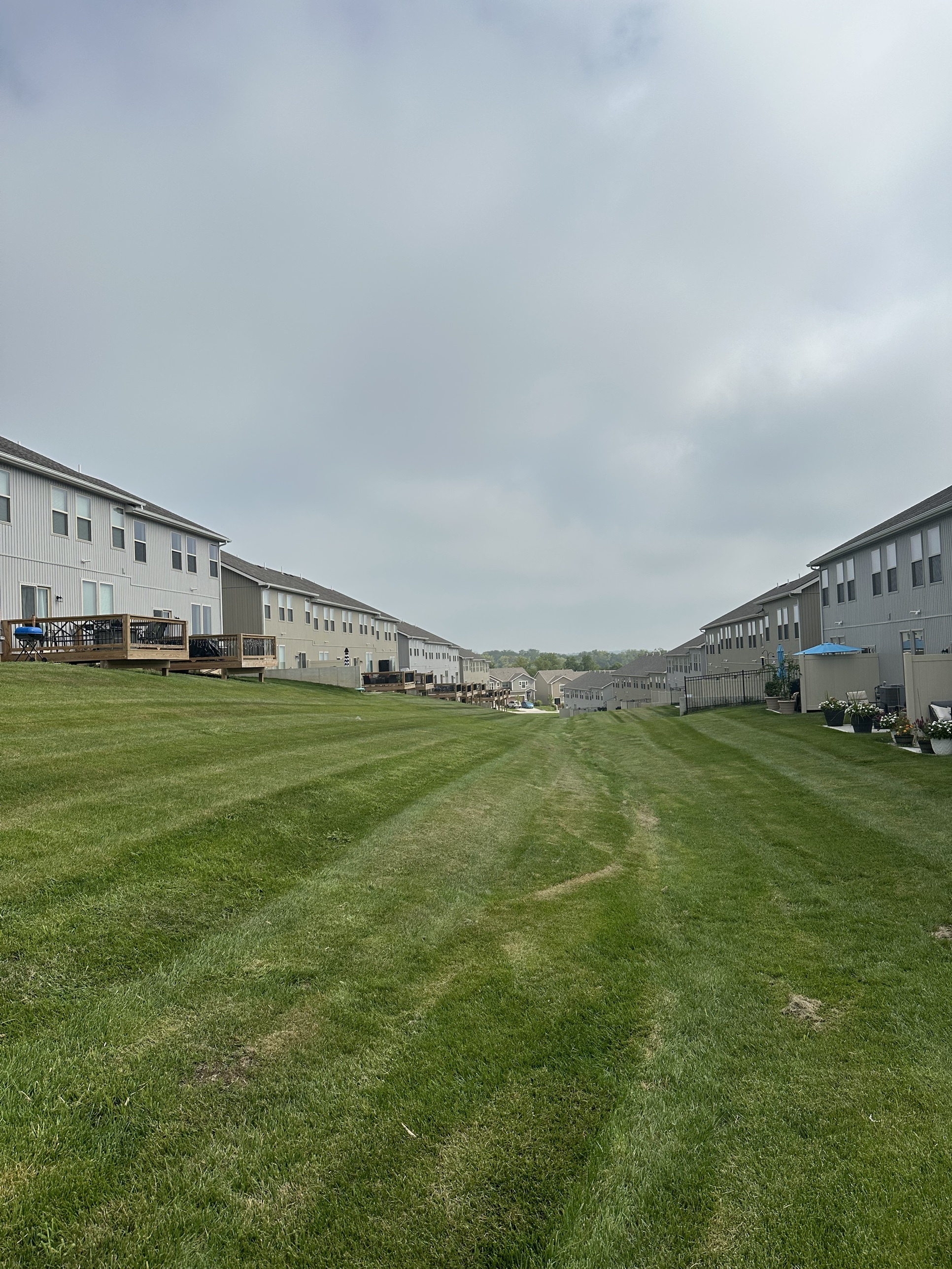 A shared backyard lawn between two Lonestar Kaufman townhome buildings