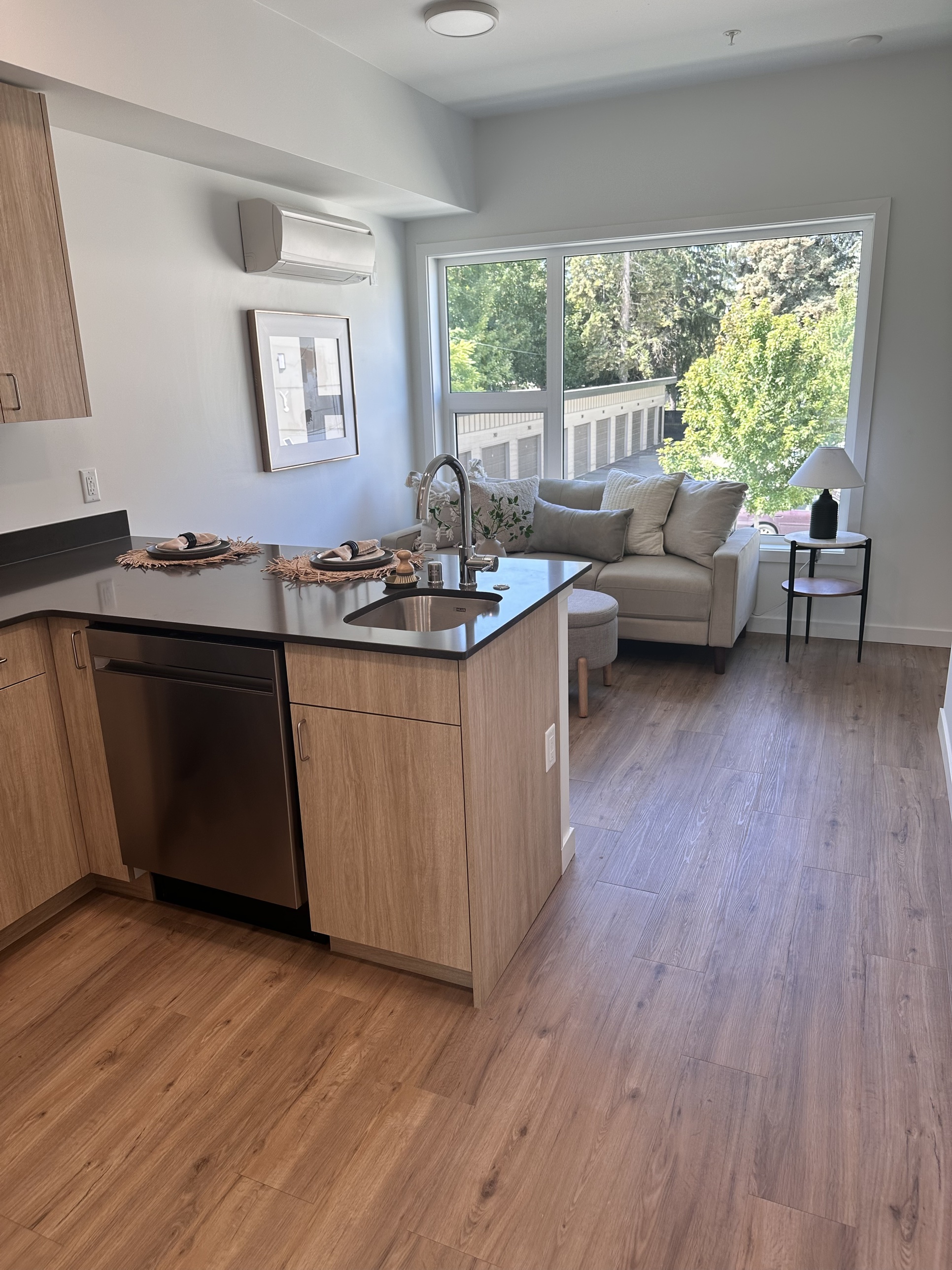 A furnished kitchen and living area inside a completed Oldivai Project Zero unit, with wood-look flooring and natural light from a large window
