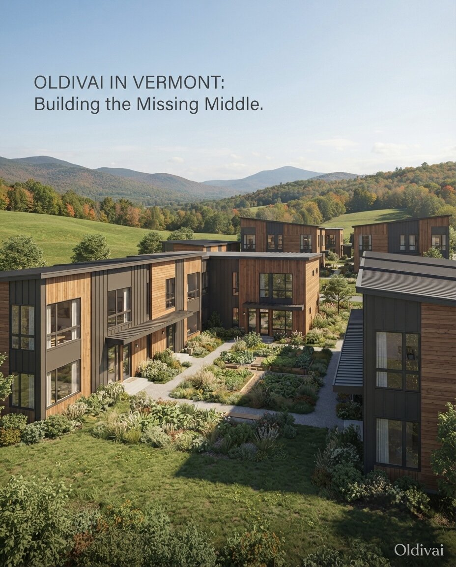 Oldivai in Vermont — building the missing middle, a courtyard community rendering set among Vermont hillsides