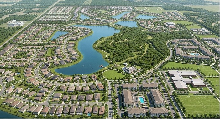 Illustrative concept imagery, lakefront single-family neighborhood with golf and lake amenities, Sarasota masterplanned community