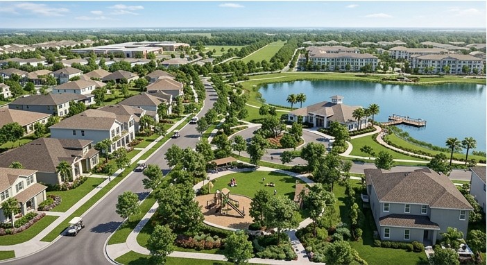Illustrative concept imagery, lakeside neighborhood park and clubhouse, Sarasota masterplanned community