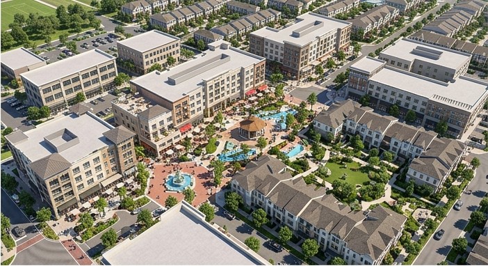 Illustrative concept imagery, walkable mixed-use town square with retail, dining and residences, Sarasota masterplanned community