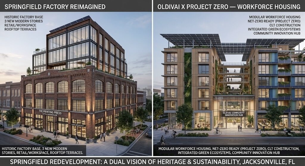 Springfield Redevelopment — a dual vision of heritage and sustainability, Jacksonville, FL, comparing two design concepts side by side