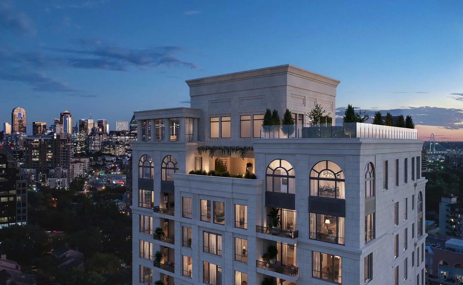 Aerial rendering of Rosewood Residences Turtle Creek, a high-rise condominium tower in Dallas