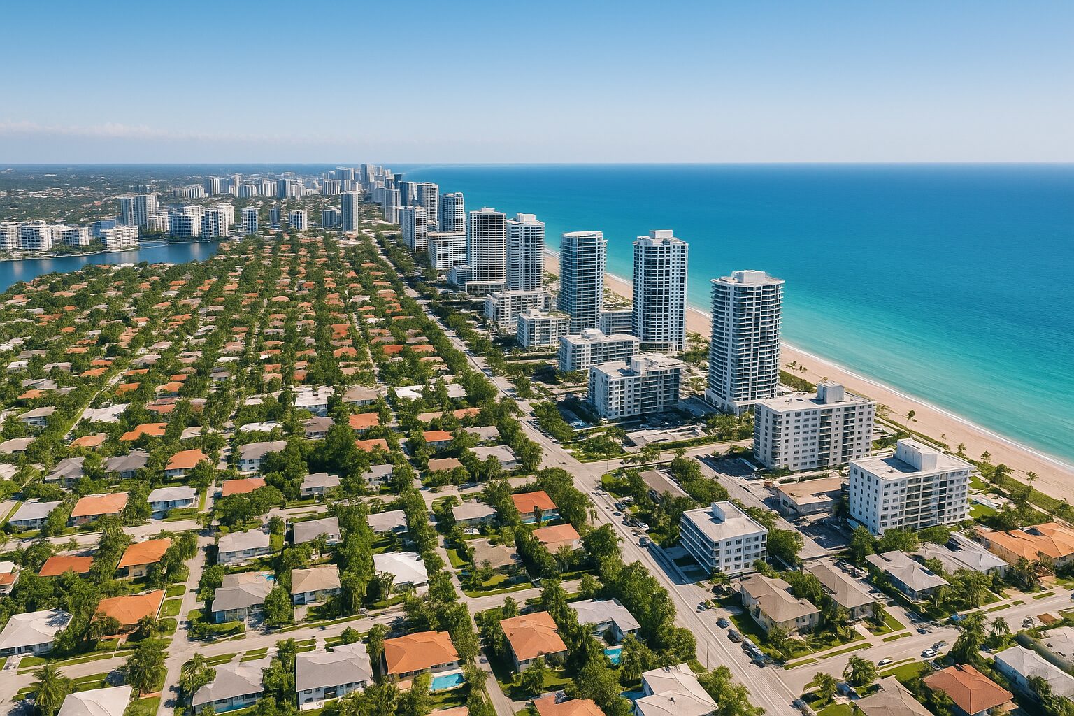 Oceanfront cityscape with tall buildings