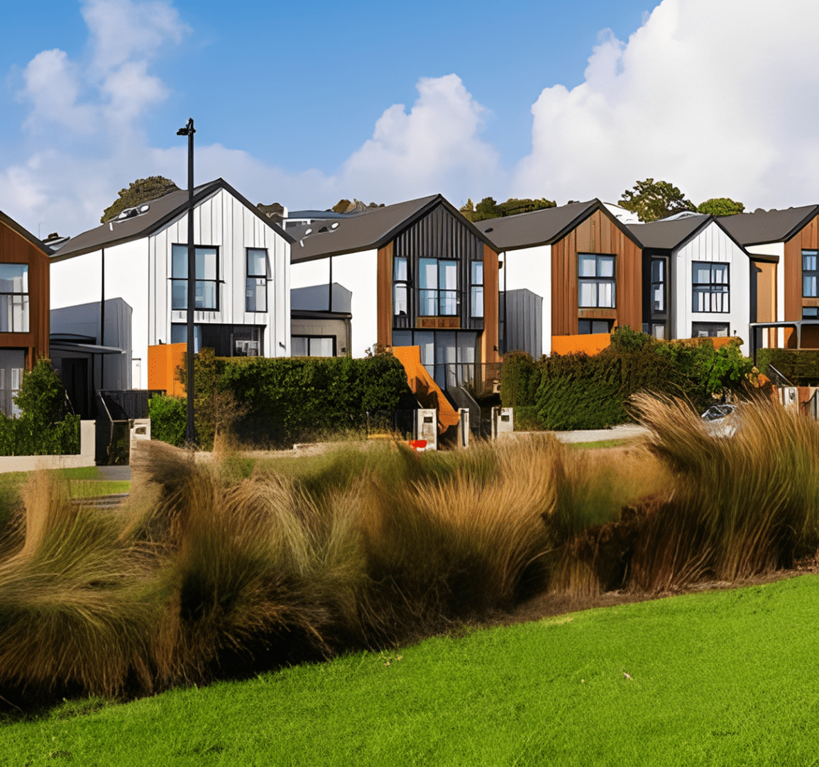 Modern townhouses with colorful facades