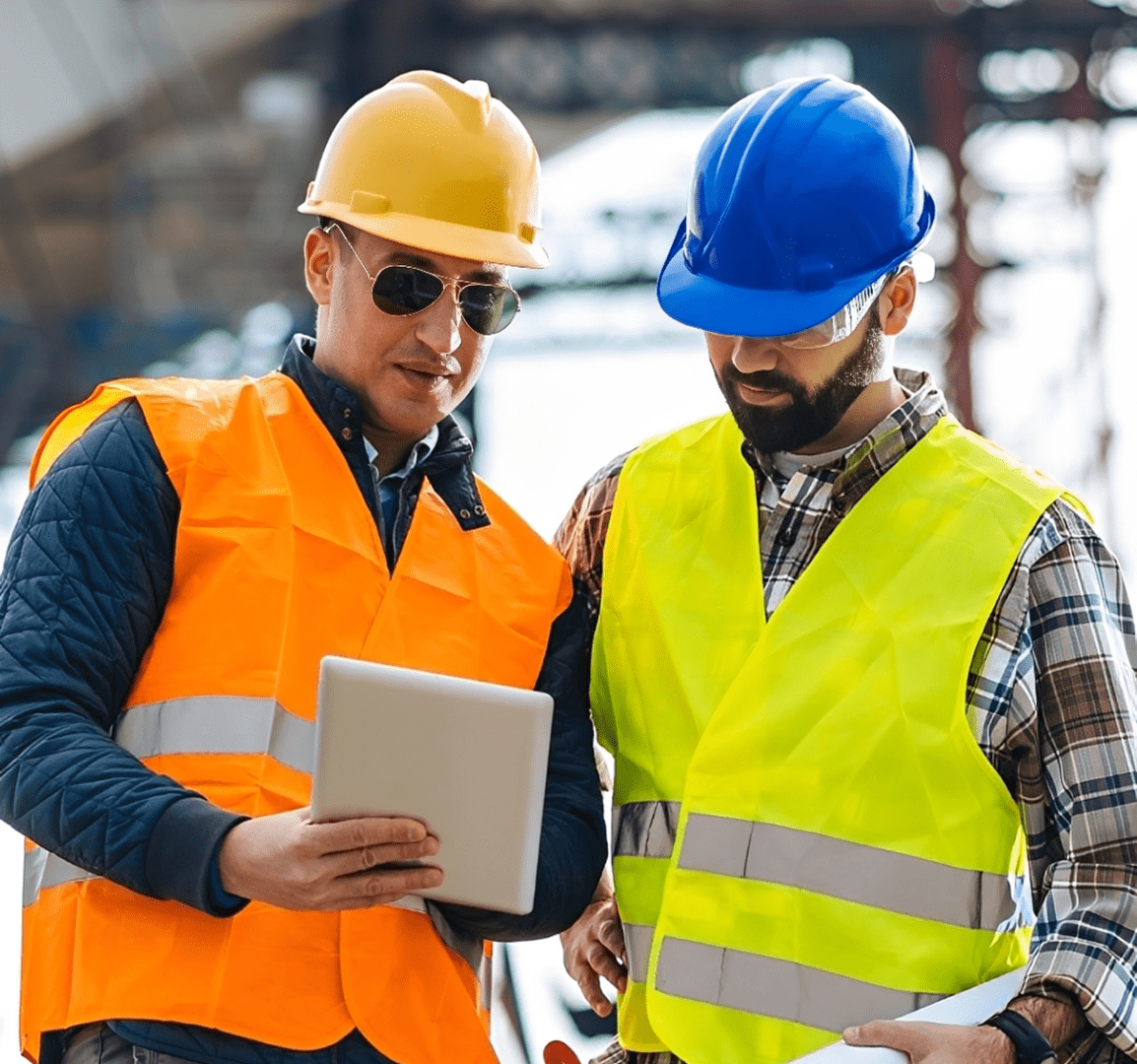 Workers discussing project with digital tablet