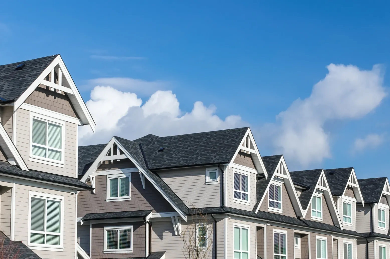 Residential buildings with white trim and windows