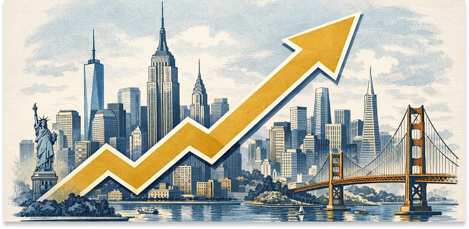 Rising arrow over iconic city landmarks