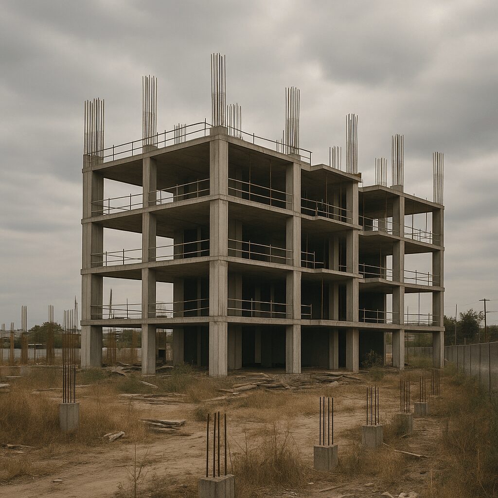 Partially built concrete structure on dusty ground