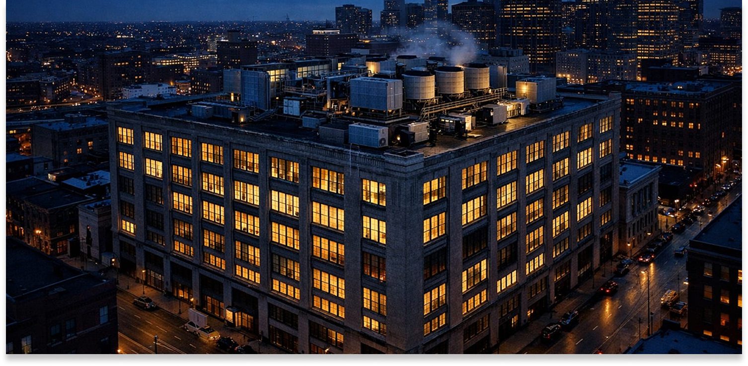 Evening cityscape with glowing windows