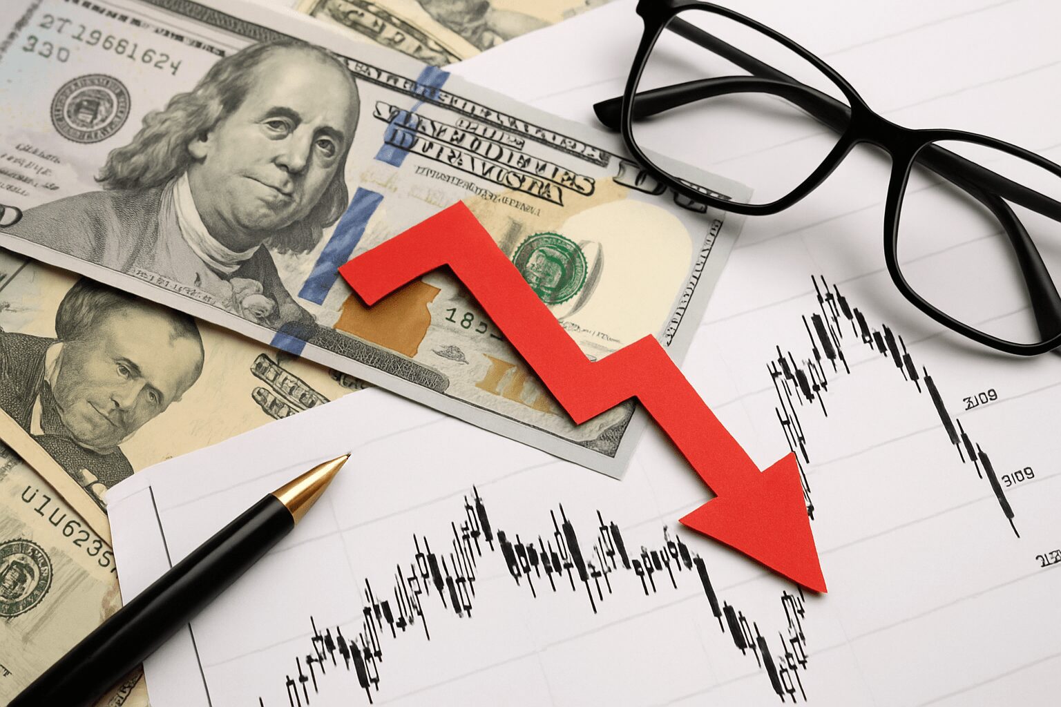 Falling stock chart with red arrow