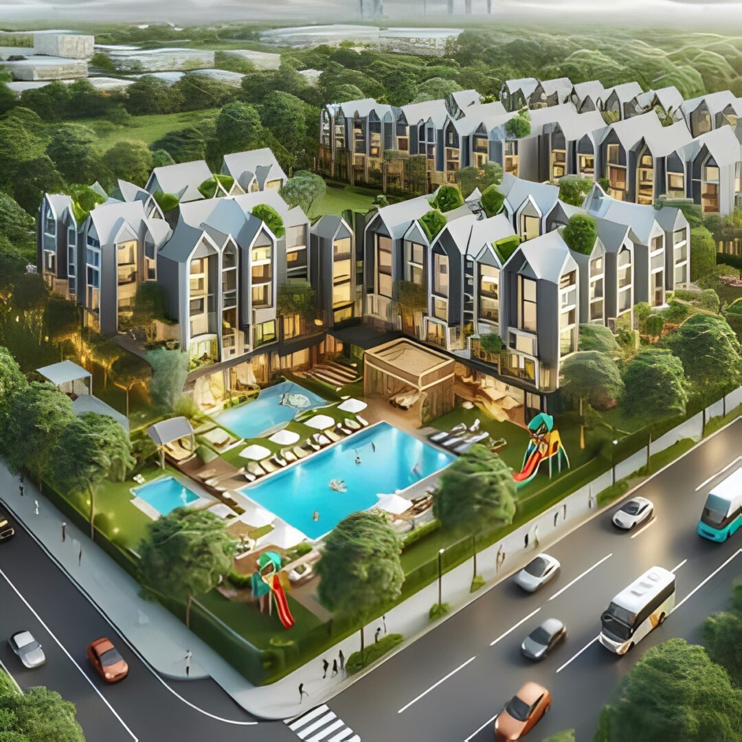 Contemporary apartment buildings surrounded by nature