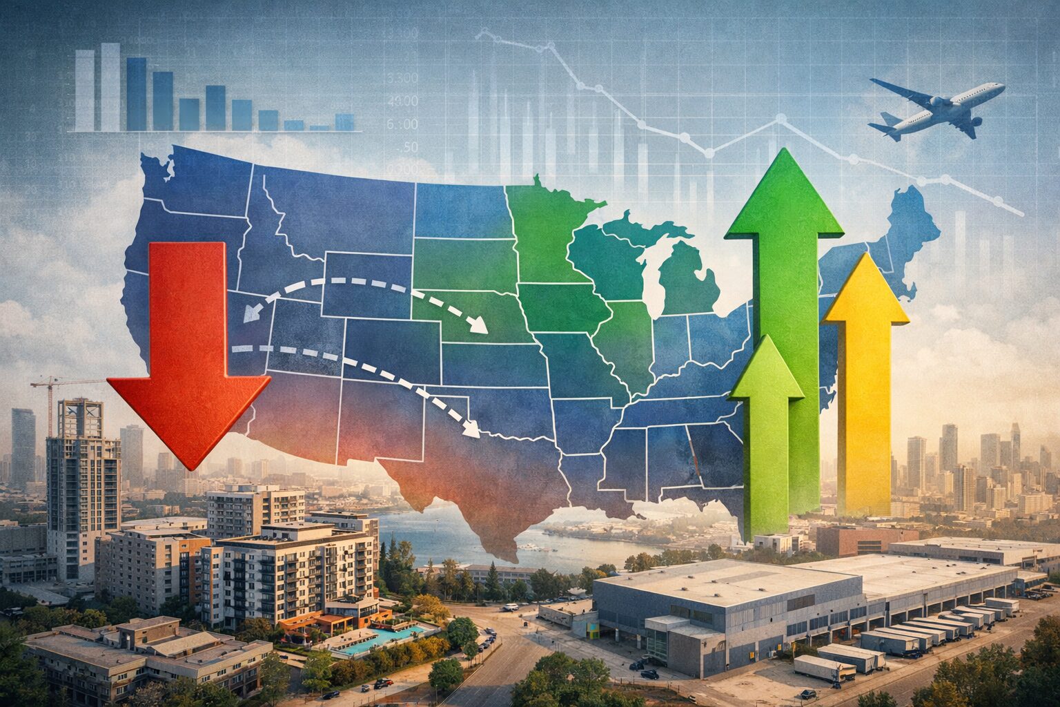 Map with arrows indicating economic trends