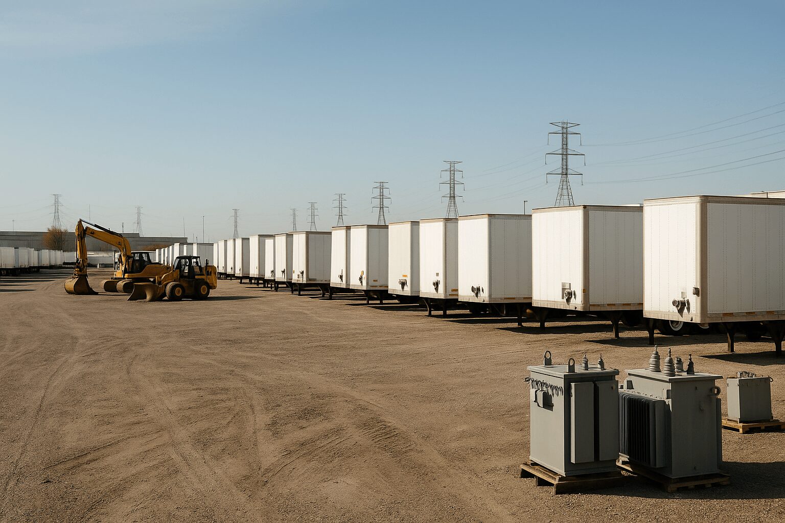 Excavator near white storage units