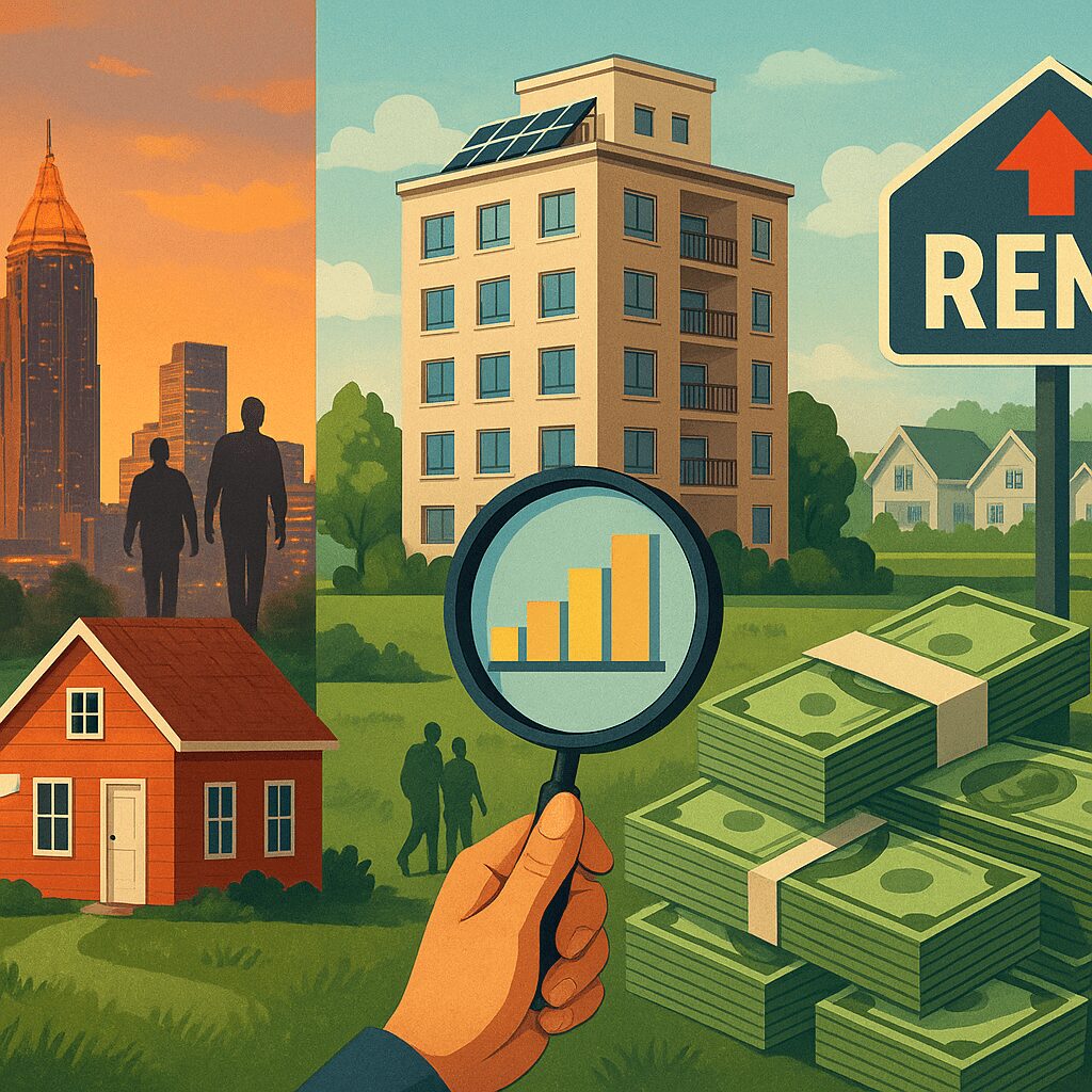 Money stacks beside rental sign and buildings