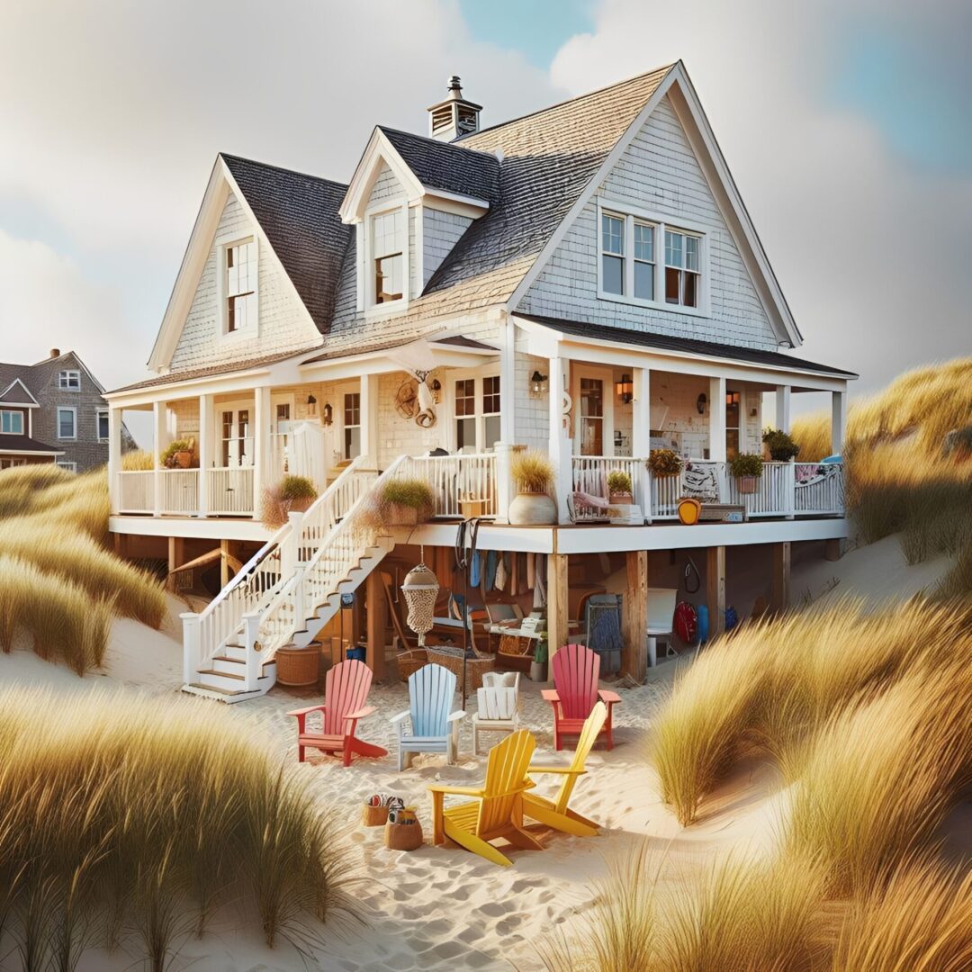 Beachfront house with colorful chairs