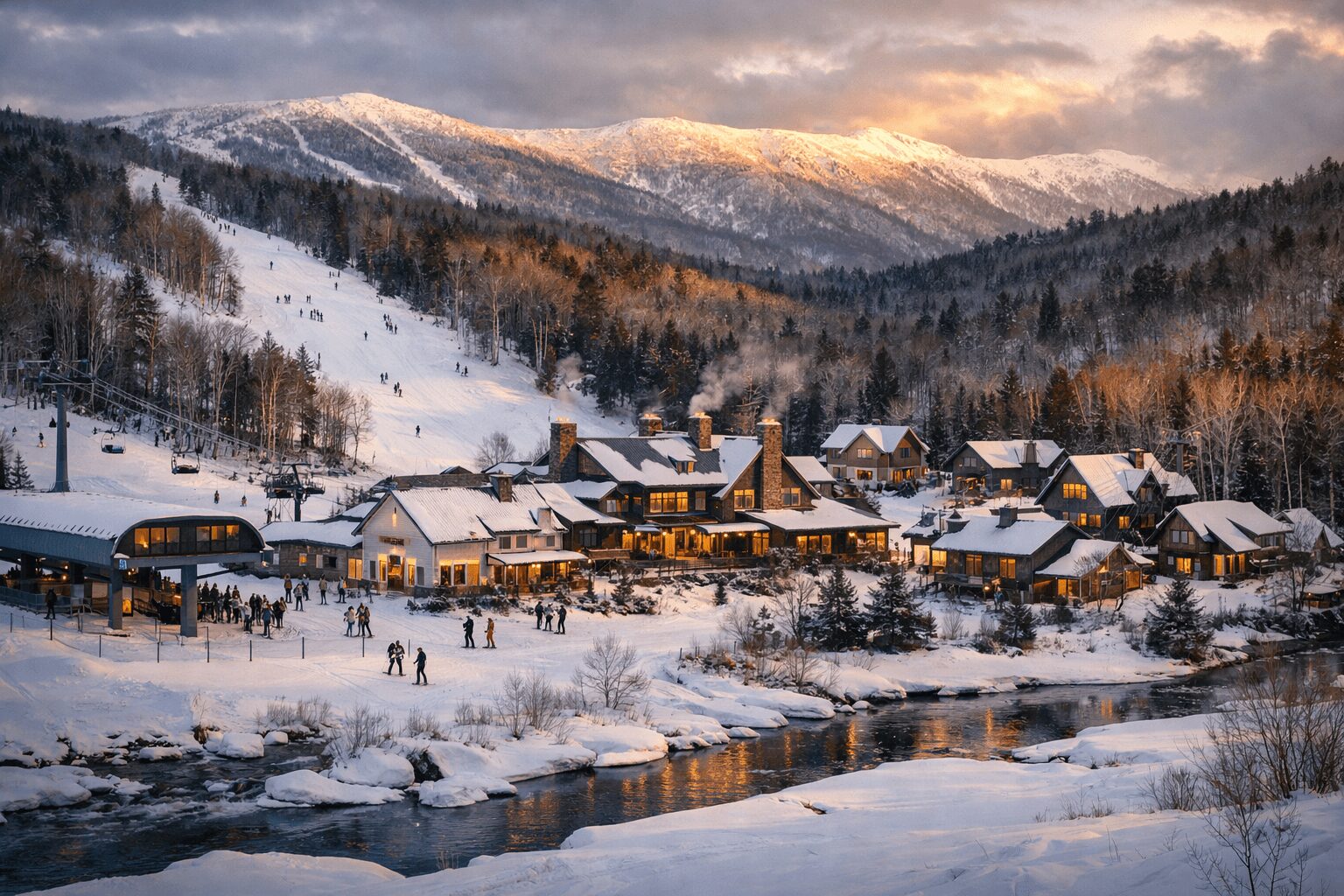 Snowy mountain village at sunset