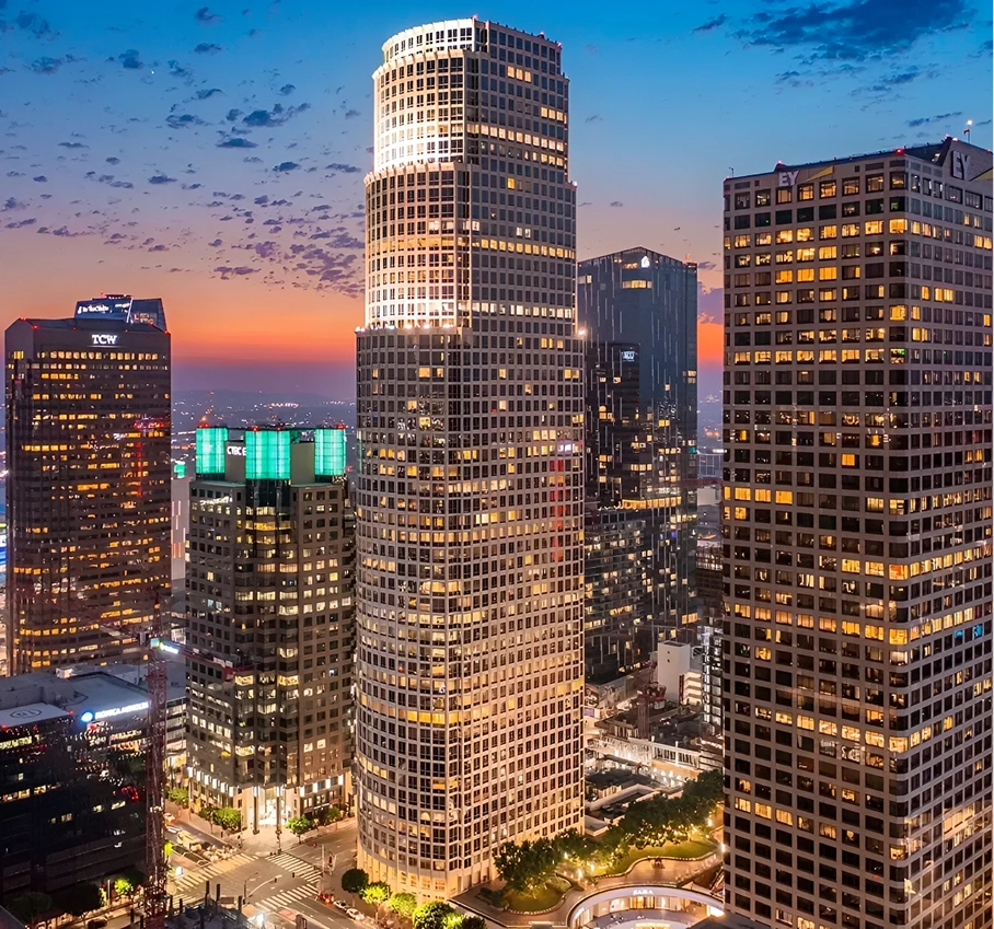 Downtown cityscape illuminated during twilight