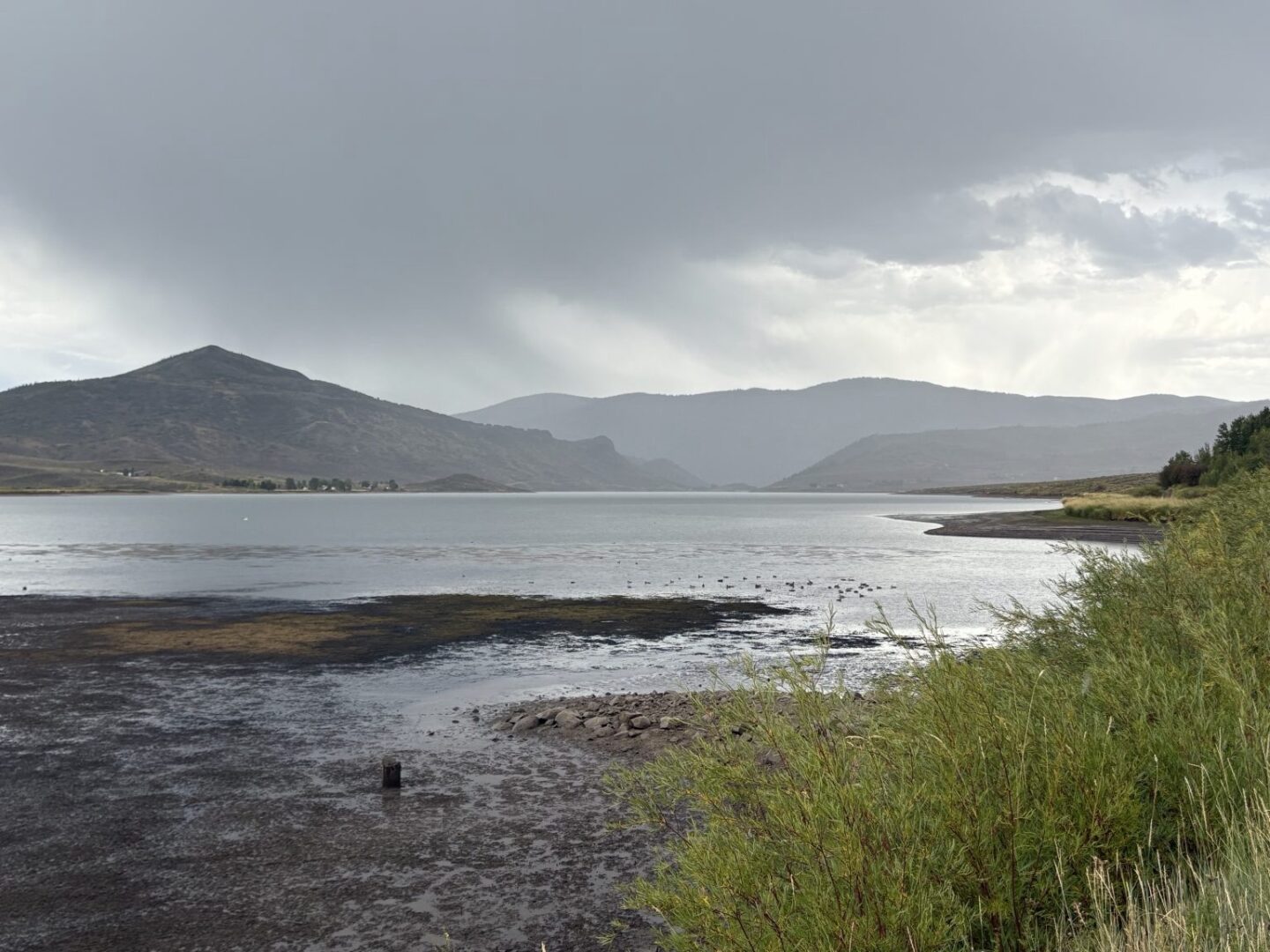 Overcast sky above tranquil lake