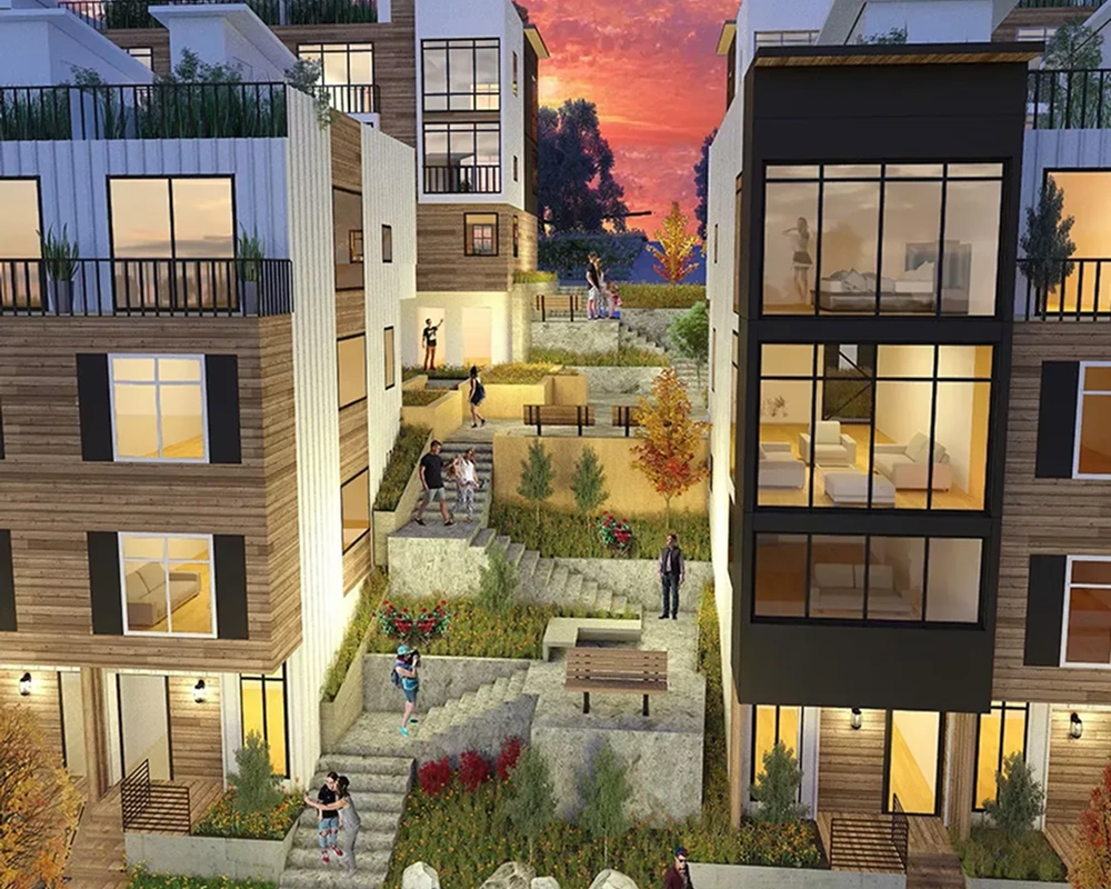 Courtyard between contemporary buildings