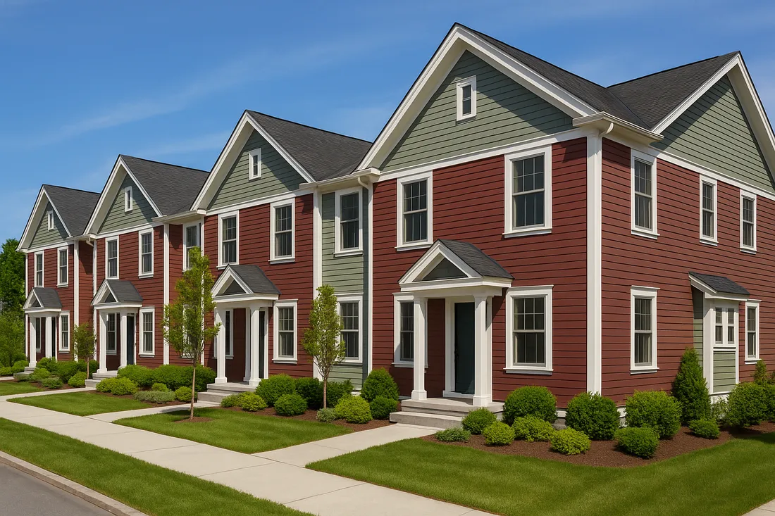 Row of colorful suburban townhouses
