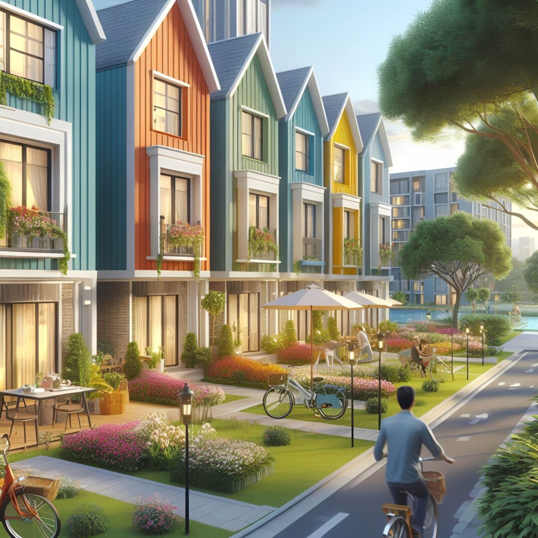 Vibrant row of houses by the canal