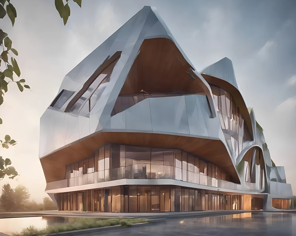 Contemporary building reflecting in water surface