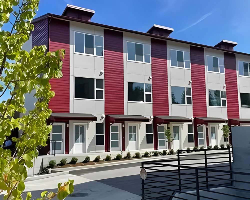 Modern townhouses with red accents